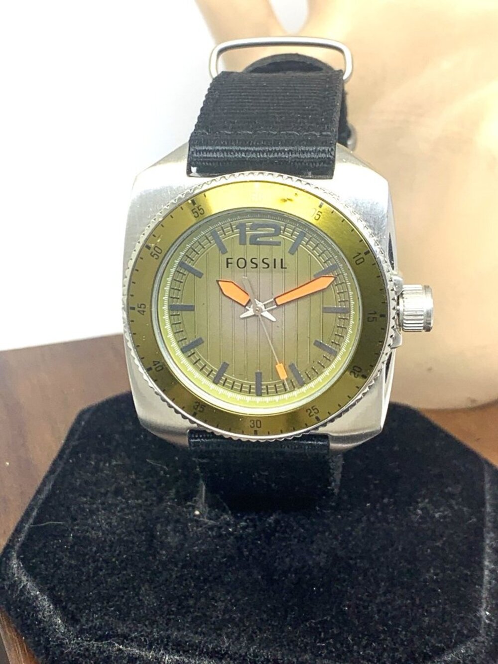 Fossil Mens Watch WB1043 Quartz Green Dial 38mm Stainless Steel Case Nylon Strap